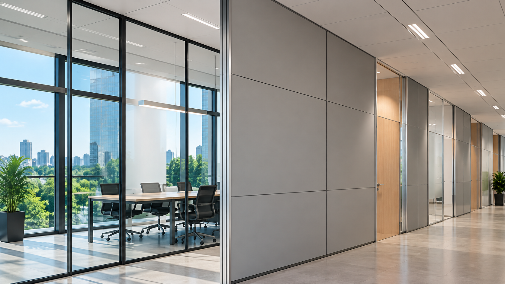 Ambiente corporativo com divisórias modernas