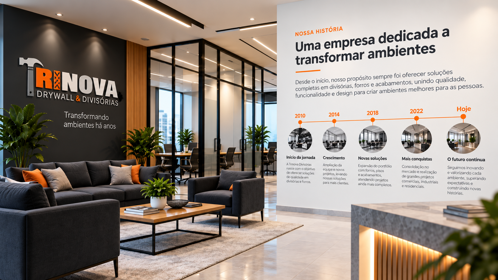 Ambiente corporativo moderno com divisórias de vidro e acabamentos da Trinova Drywall & Divisórias